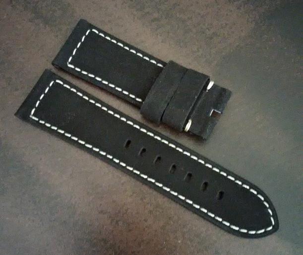 Black Nubuck Leather with White Stitch for Deployant Buckle